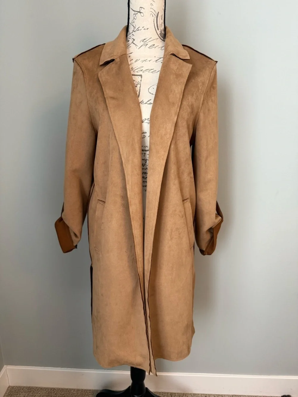 Tahari Faux Suede Trench Coat Tan Open Front Duster Jacket Minimalist Chic - Picture 1 of 7